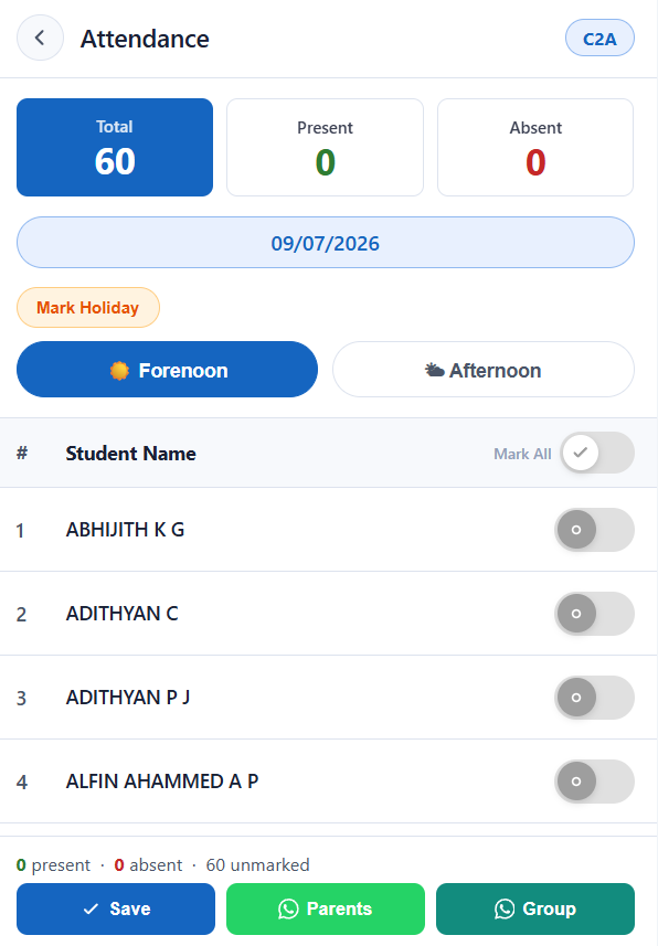 Attendance marking screen
